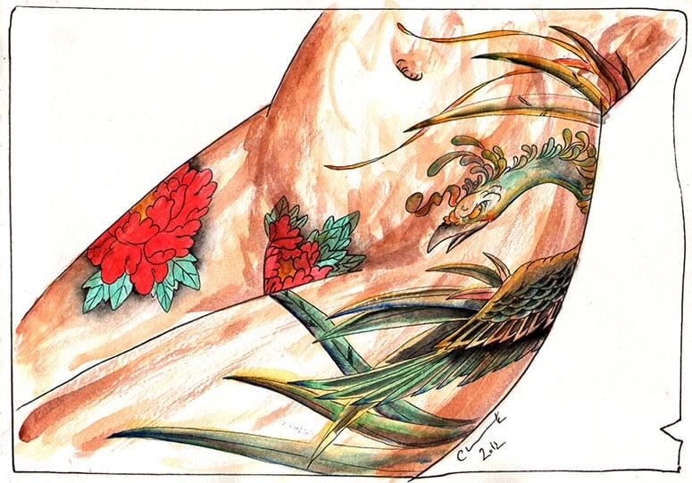 Lady Tattooed - Red Flowers & Hou-ou - Canvas Giclee